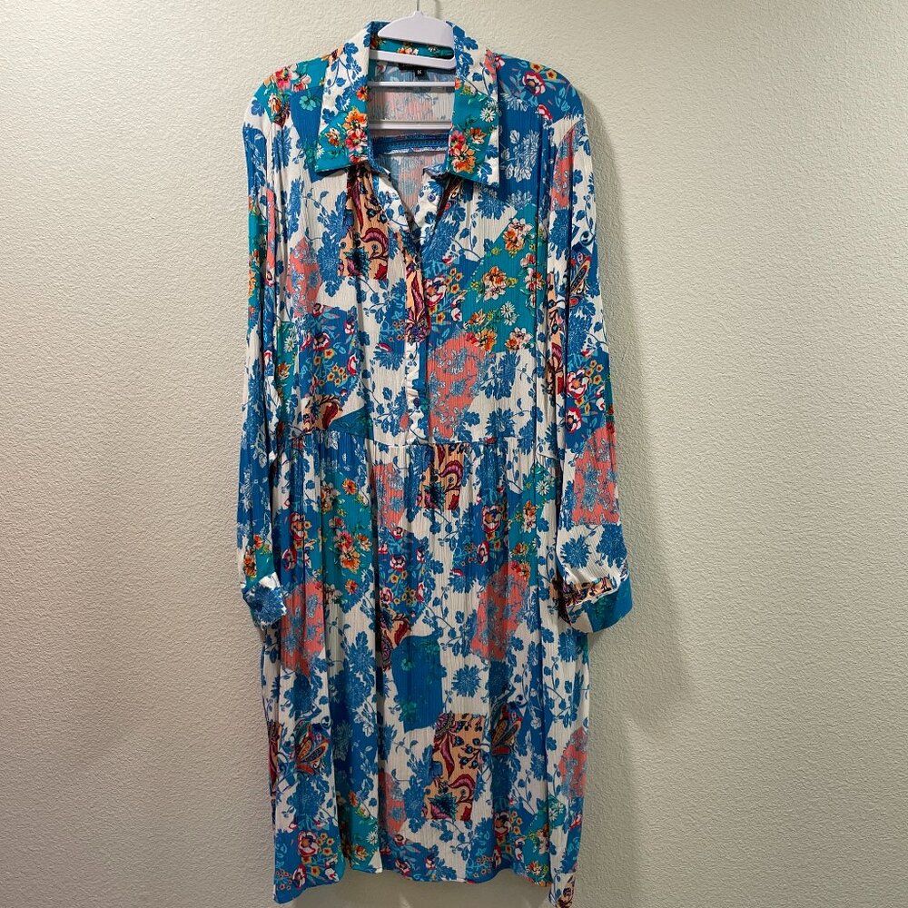NEW TOLANI COLLECTION Long Sleeve "Patchwork" Floral Midi Dress Blue/Orange 1X